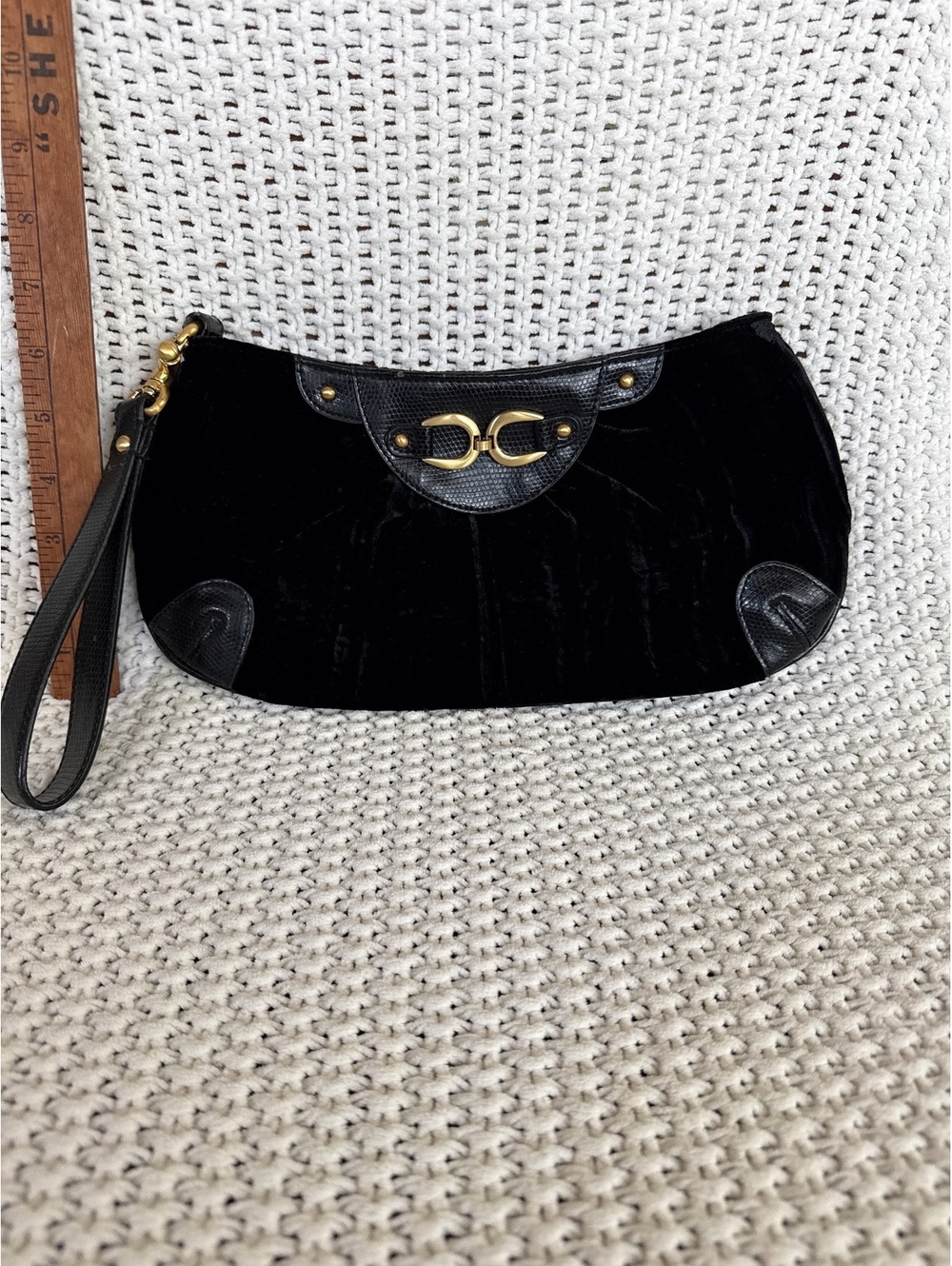 Black Velvet Wristlet Clutch with Leather Accents and Gold Hardware